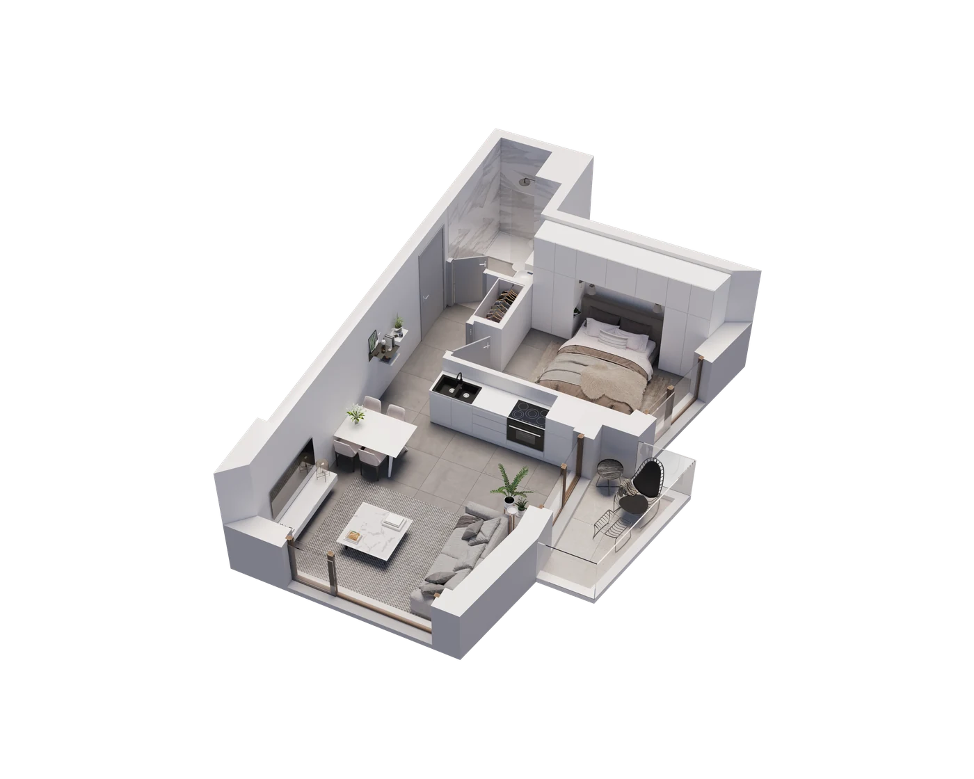 ModÃ¨le isomÃ©trique 3D â€” T1 + terrasse 23 mÂ²