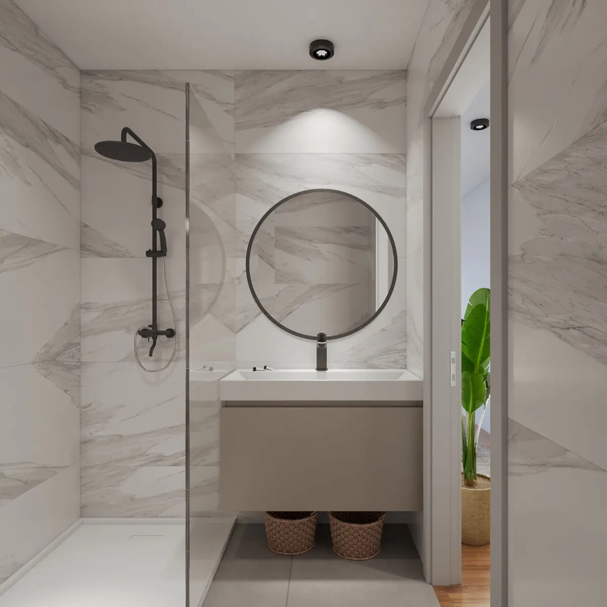 Salle de bain en marbre avec douche à l’italienne, rendu 3D