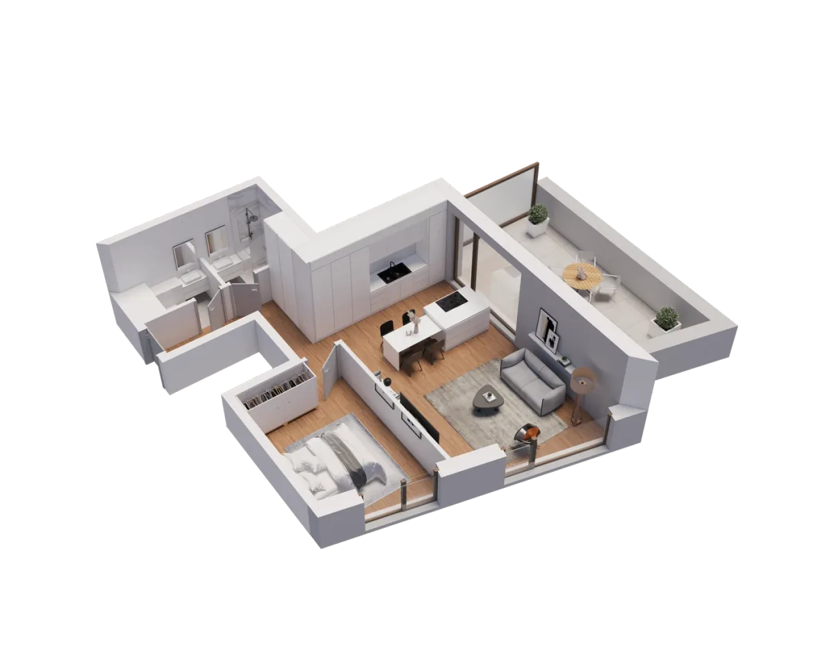 Volume 3D isométrique de la typologie — T1 compact, 42 m²
