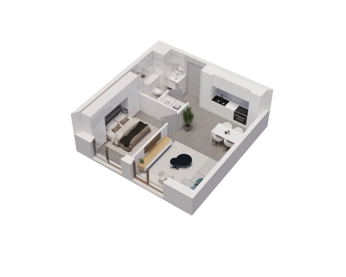 Volume 3D isométrique de la typologie — T1 minimal, 44 m²