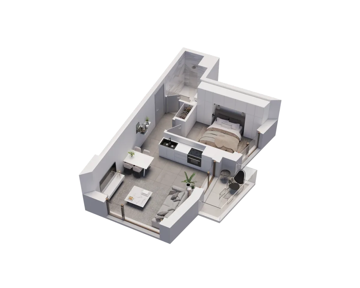 Volume 3D isométrique de la typologie — T1 + terrasse, 60 m² + 23 m² terrasse