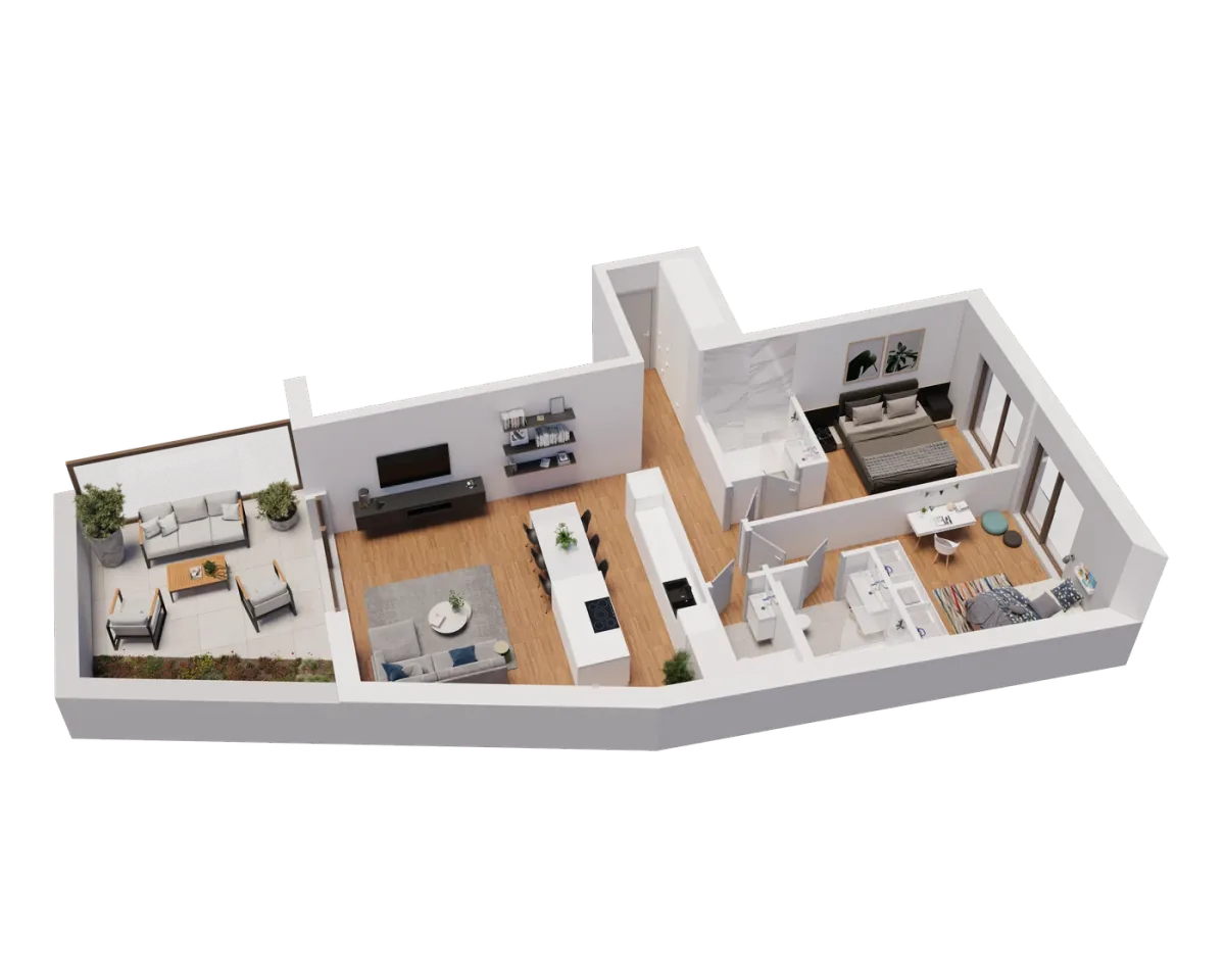 Volume 3D isométrique de la typologie — T2 + terrasse, 93 m² + 25 m² terrasse